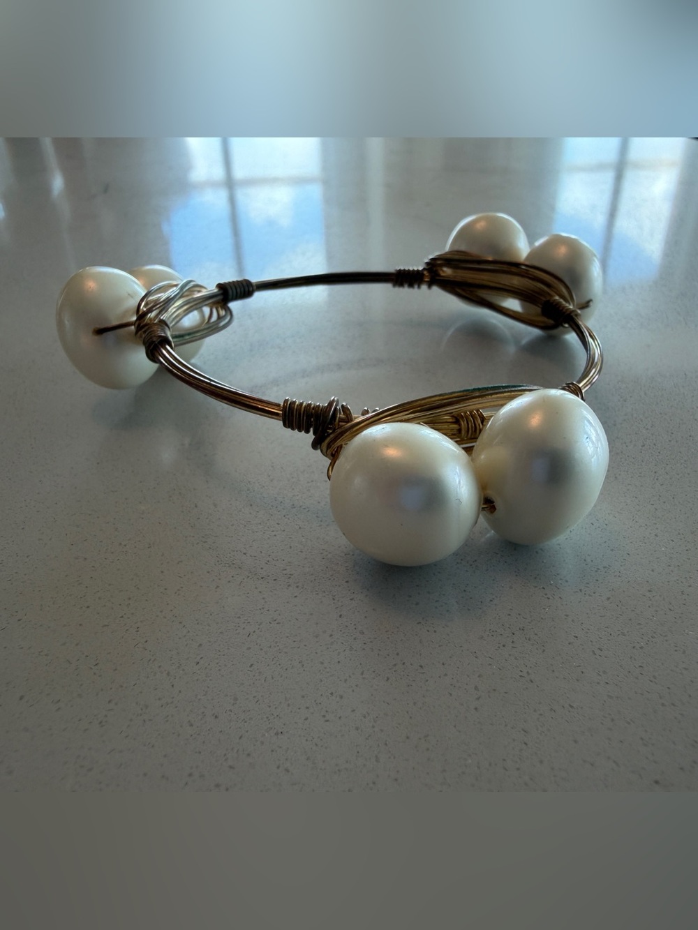 Bourbon and Bowties White Pearl Wire Bangle Bracelet